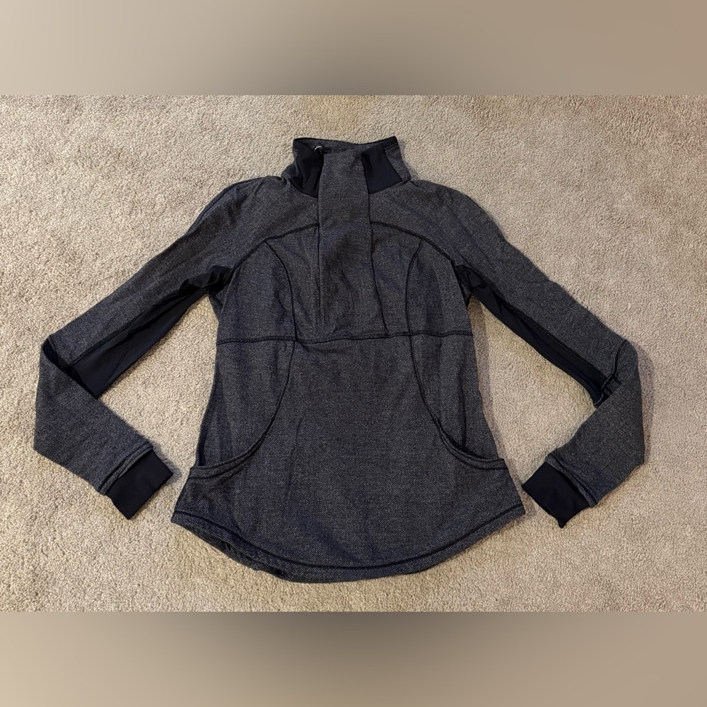 Lululemon Base Runner 1/2 Zip Pullover Jacket Heathered Herringbone Black Sz 10 - Picture 9 of 13